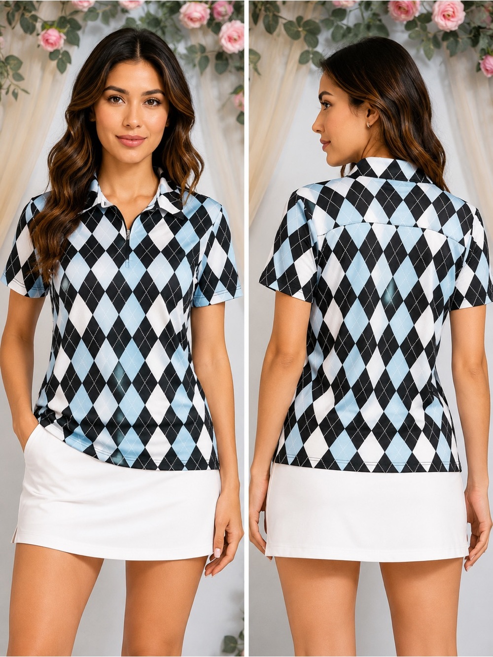 Pinspark Argyle Golf Polo Shirt Blue Black White UPF 50+ Size L NWT